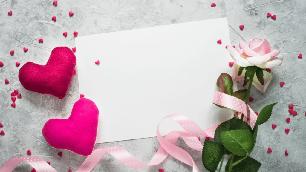 Dos cojines en forma de corazón de color rosa, una rosa blanca con cinta rosa, y confeti de corazones rosados esparcidos sobre un fondo gris con una tarjeta blanca en el centro.