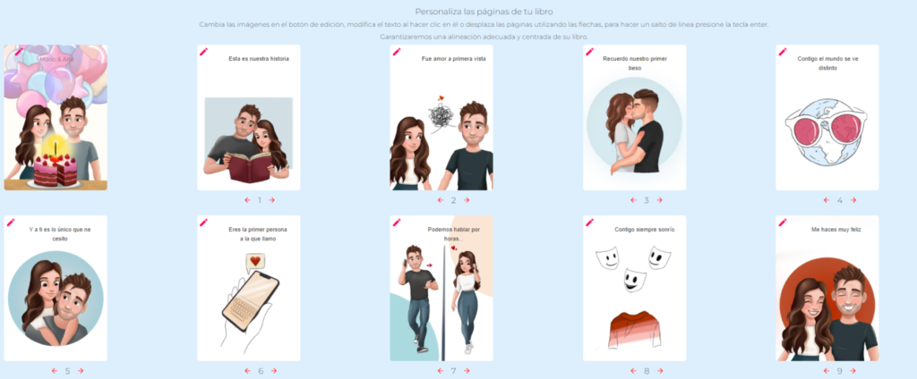 Pantalla de personalización de páginas del libro en Libro de Amor, mostrando diferentes opciones de páginas con avatares de pareja y textos personalizados.