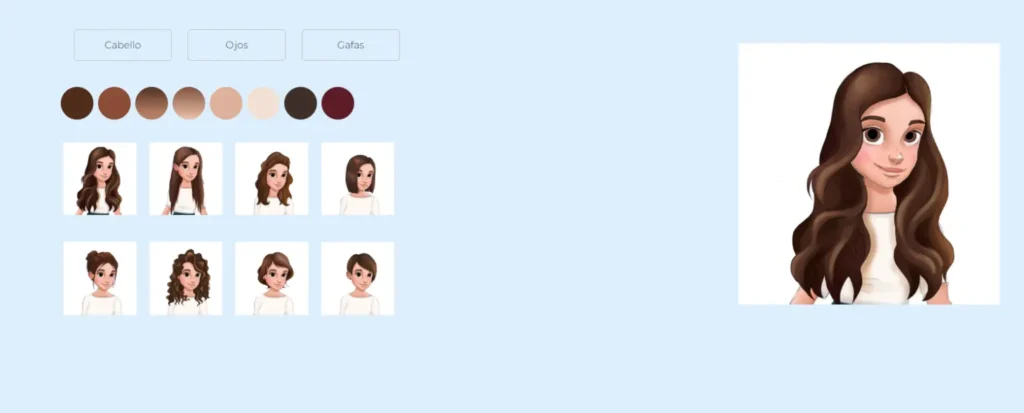 Página de personalización de avatares en Libro de Amor con opciones de color y estilo de cabello para avatares femeninos.