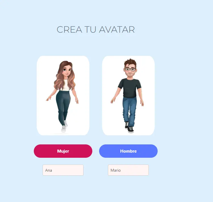 Página de creación de avatares en Libro de Amor con opciones para personalizar un avatar de mujer y un avatar de hombre