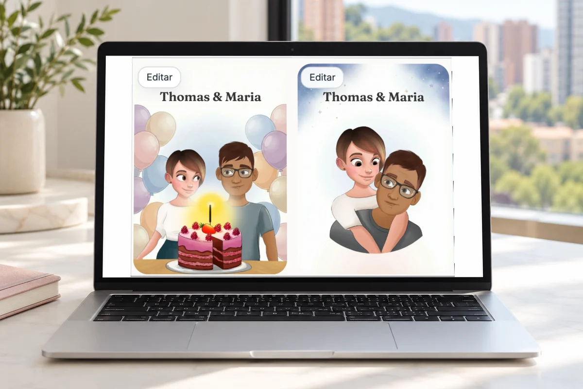 Computador portátil mostrando dos opciones de portada personalizada y los controles Editar del creador de Libro de Amor.
