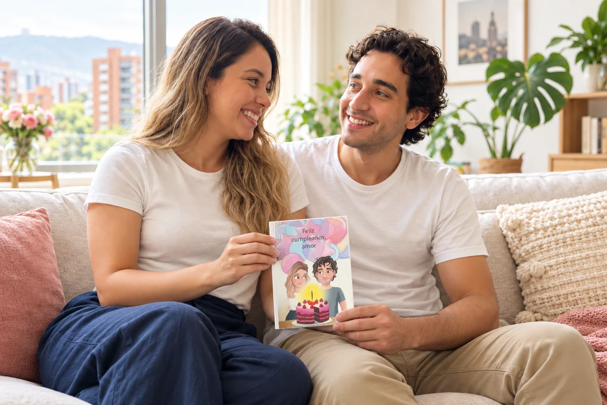 Pareja ficticia sosteniendo un Libro de Amor cerrado con una portada de cumpleaños personalizada.