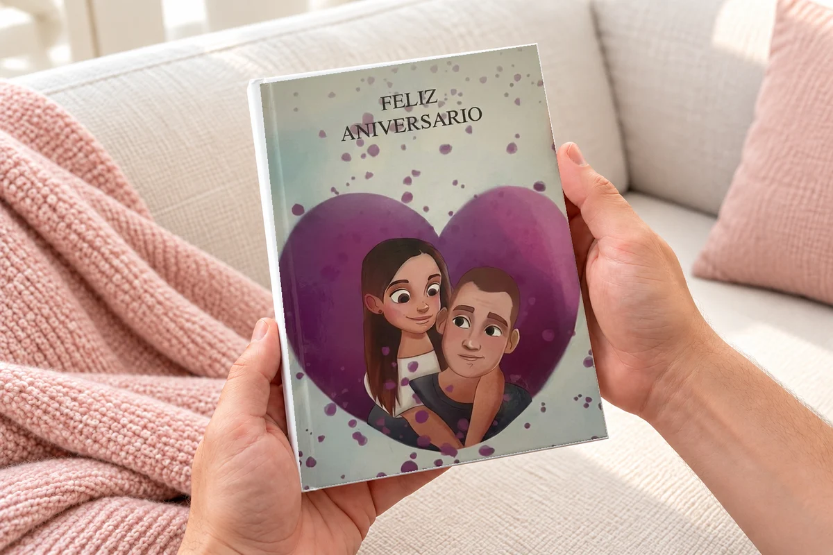 Manos sosteniendo un Libro de Amor cerrado con la portada personalizada Feliz aniversario.