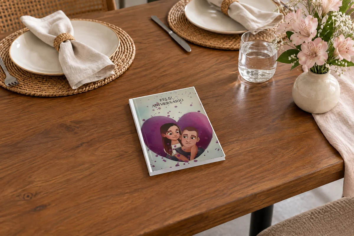 Libro de Amor cerrado con una portada de aniversario sobre una mesa preparada para dos, junto a flores y un vaso de agua.