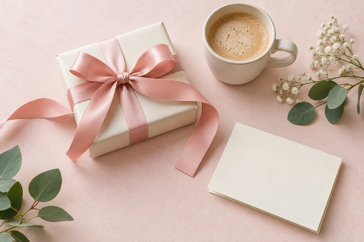 Regalo envuelto con un lazo rosado, una tarjeta en blanco y una taza de café sobre un fondo rosado.