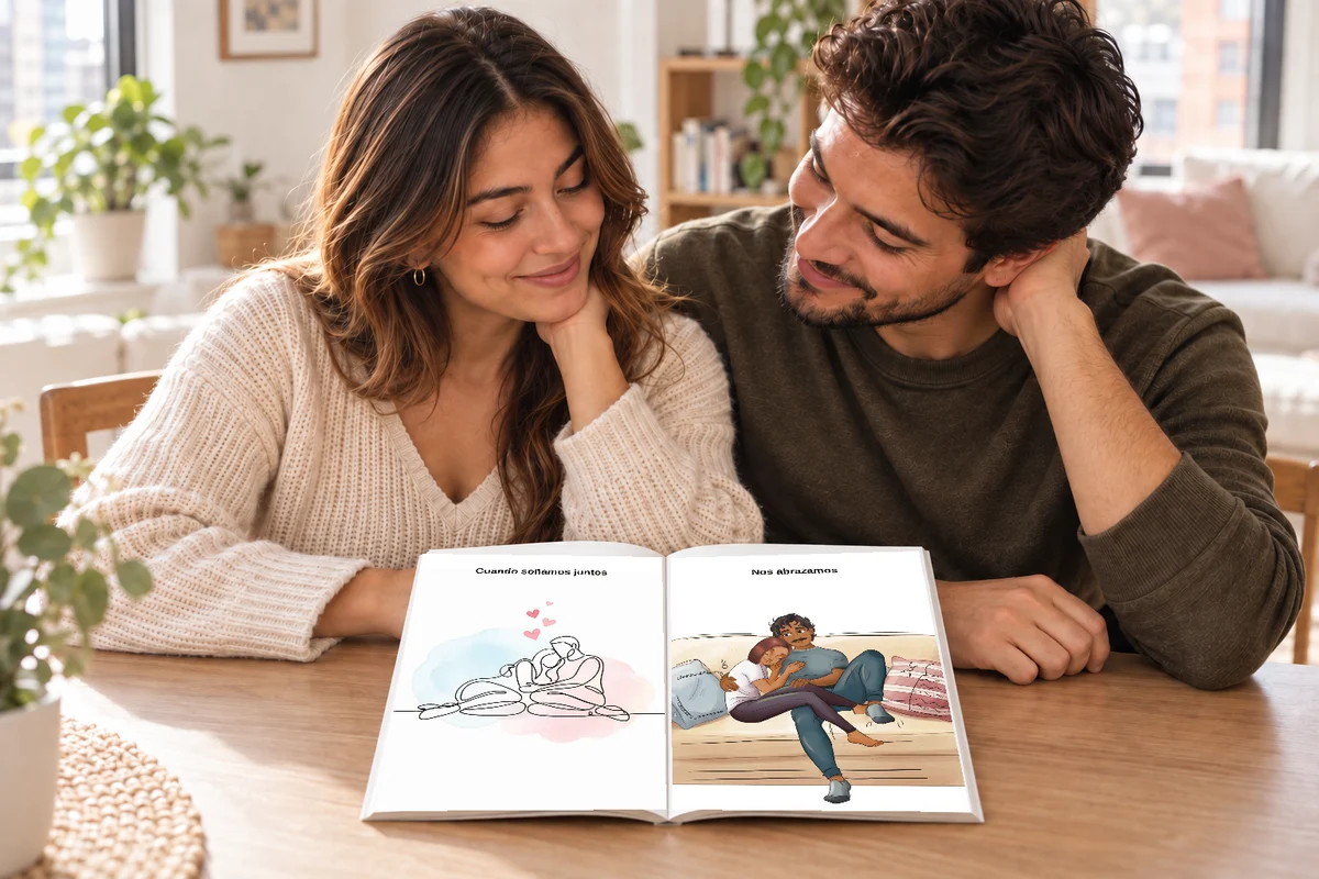 Pareja ficticia mirando un Libro de Amor abierto en las páginas Cuando soñamos juntos y Nos abrazamos.