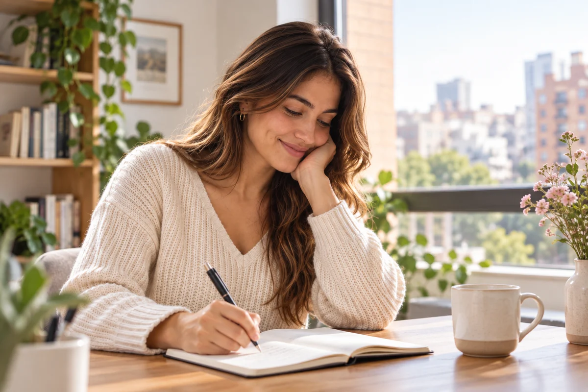 Mujer ficticia escribiendo en un cuaderno junto a una ventana.