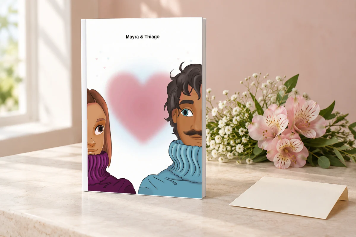 Libro de Amor cerrado con la portada personalizada Mayra y Thiago, junto a flores y una tarjeta.