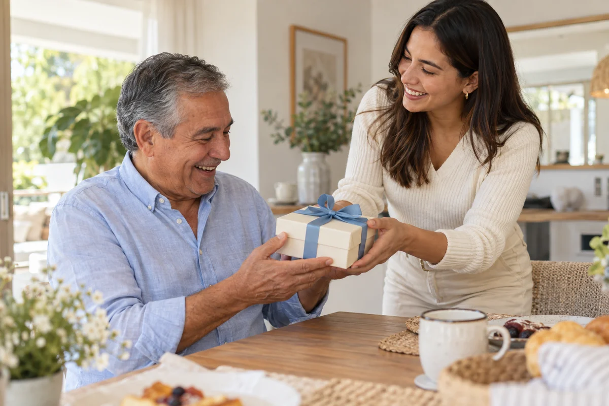 Padre e hija adultos ficticios compartiendo un regalo envuelto con un lazo azul.